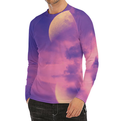 Purple Sky And Full Moon Print Men's Long Sleeve Rash Guard