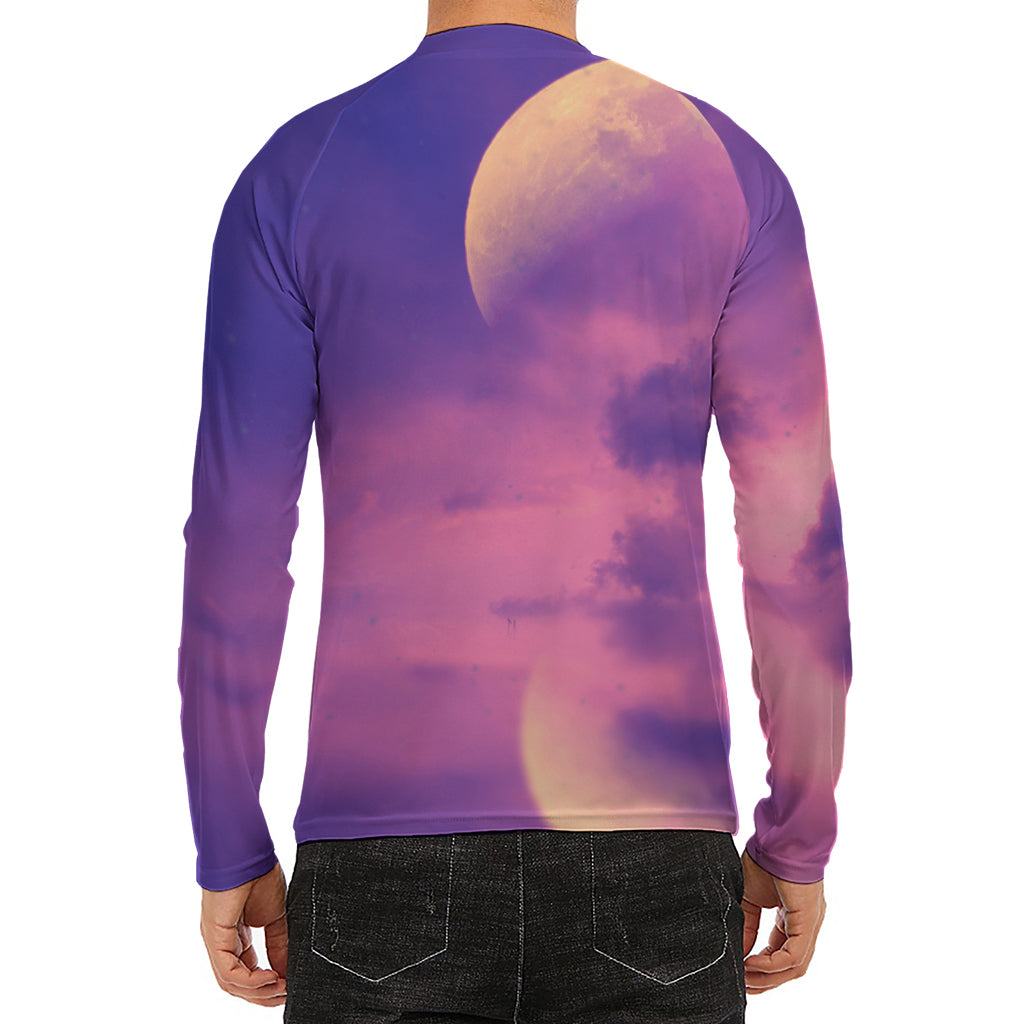 Purple Sky And Full Moon Print Men's Long Sleeve Rash Guard