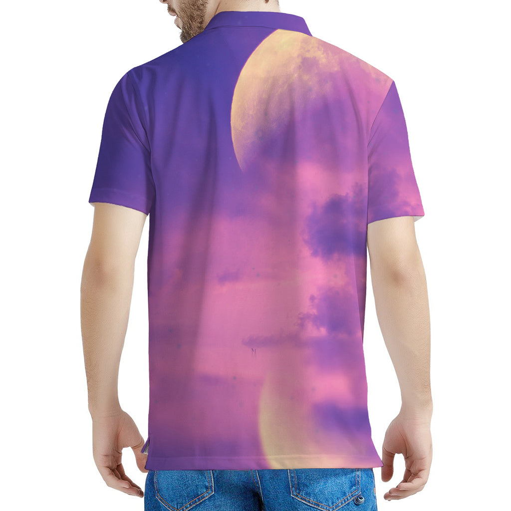Purple Sky And Full Moon Print Men's Polo Shirt