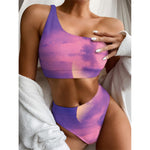 Purple Sky And Full Moon Print One Shoulder Bikini Top