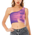 Purple Sky And Full Moon Print One Shoulder Crop Top