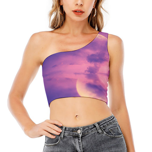 Purple Sky And Full Moon Print One Shoulder Crop Top