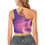 Purple Sky And Full Moon Print One Shoulder Crop Top