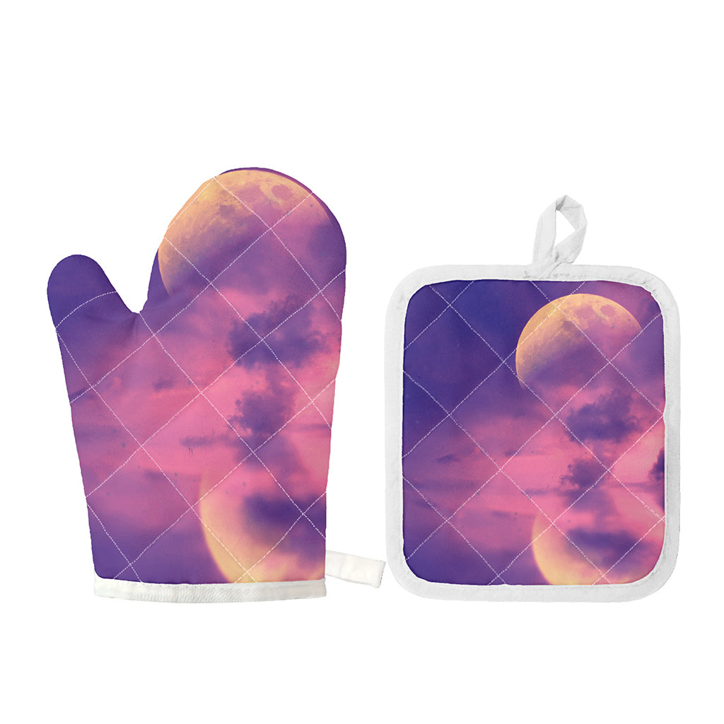 Purple Sky And Full Moon Print Oven Mitt And Pot Holder Set