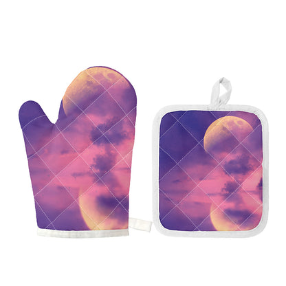 Purple Sky And Full Moon Print Oven Mitt And Pot Holder Set