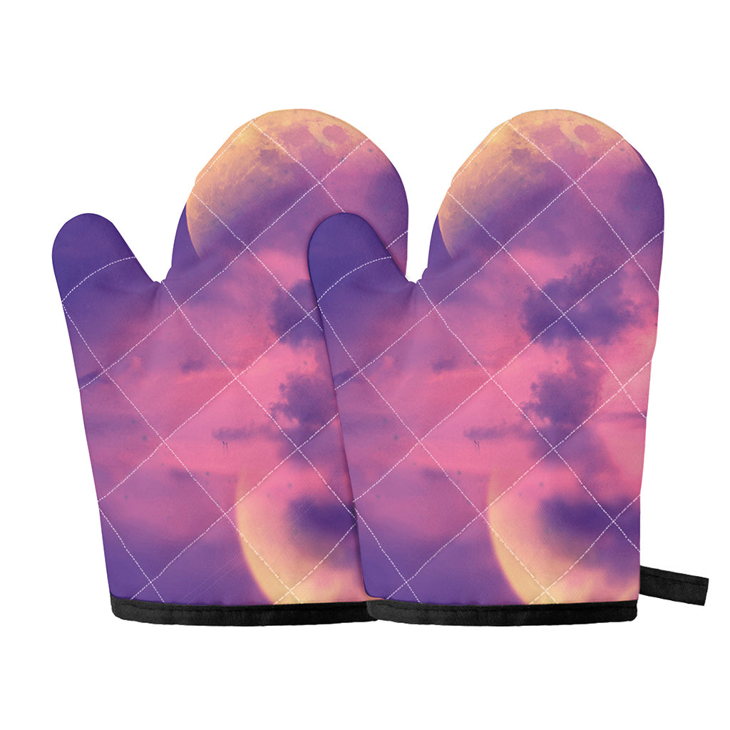 Purple Sky And Full Moon Print Oven Mitts