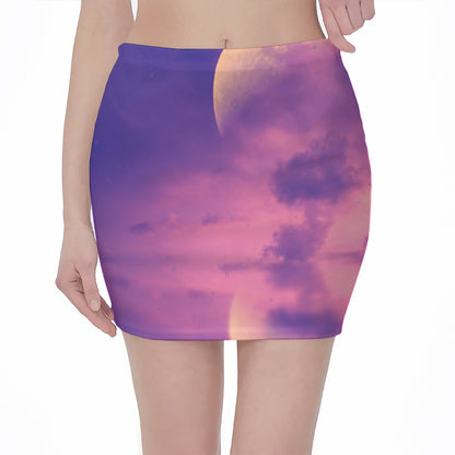 Purple Sky And Full Moon Print Pencil Mini Skirt