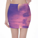 Purple Sky And Full Moon Print Pencil Mini Skirt
