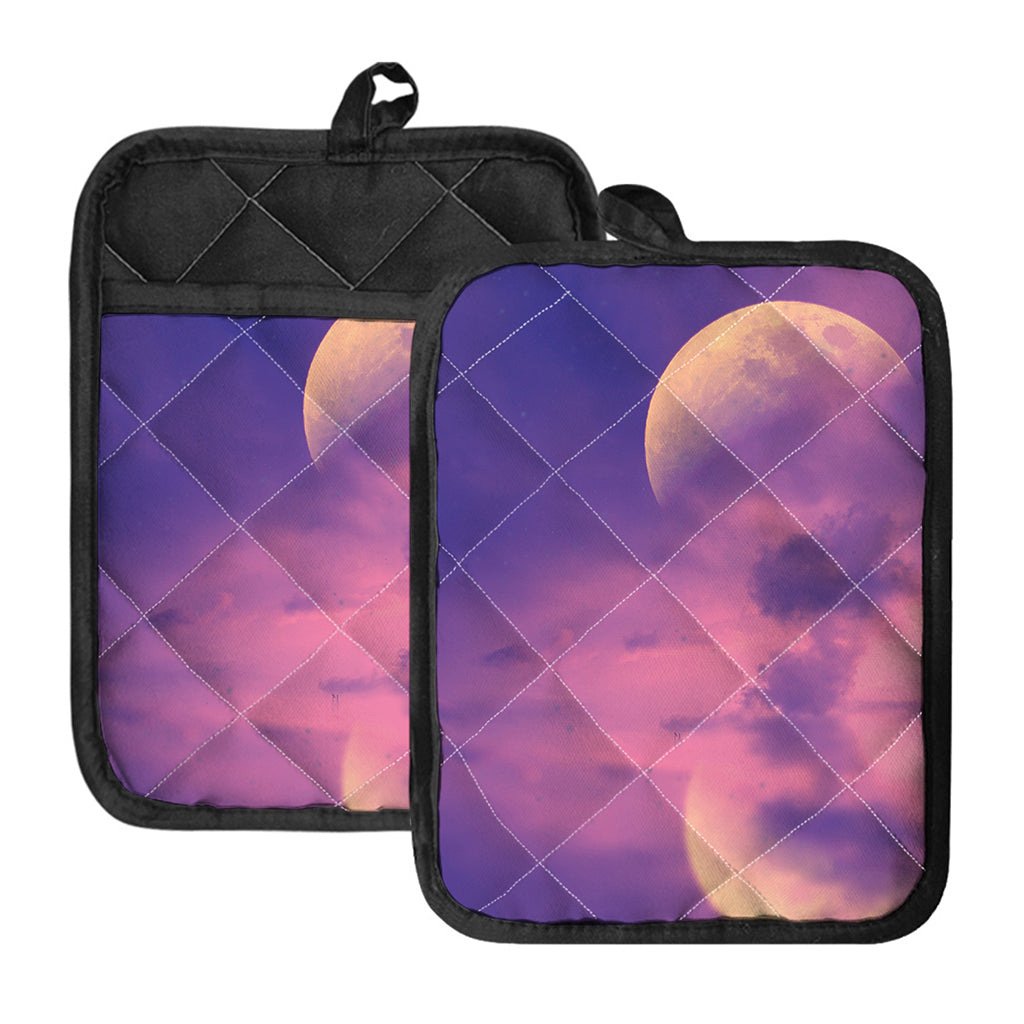 Purple Sky And Full Moon Print Pot Holders With Pocket