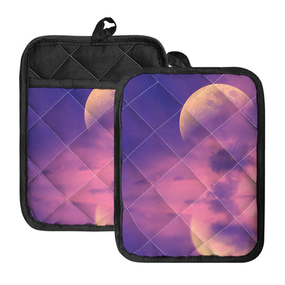 Purple Sky And Full Moon Print Pot Holders With Pocket