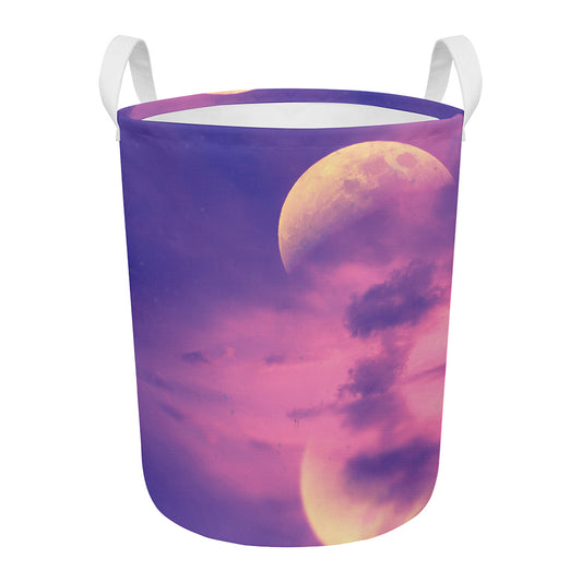 Purple Sky And Full Moon Print Round Laundry Basket