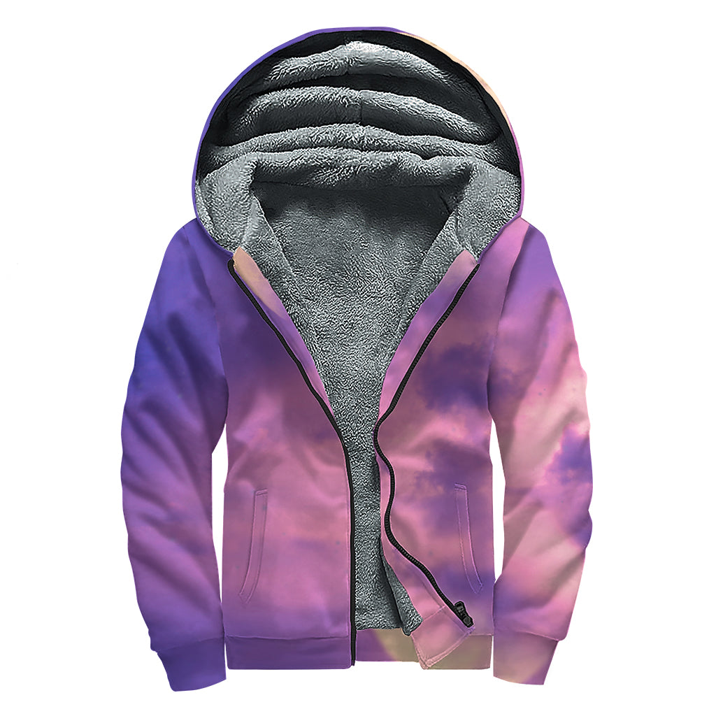 Purple Sky And Full Moon Print Sherpa Lined Zip Up Hoodie