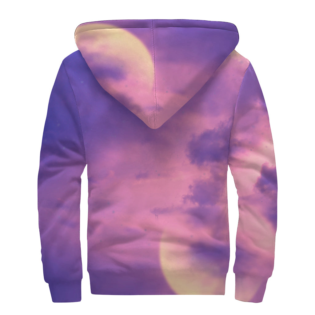 Purple Sky And Full Moon Print Sherpa Lined Zip Up Hoodie