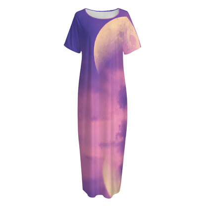 Purple Sky And Full Moon Print Short Sleeve Long Nightdress