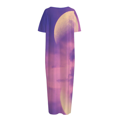 Purple Sky And Full Moon Print Short Sleeve Long Nightdress