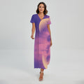 Purple Sky And Full Moon Print Short Sleeve Maxi Dress