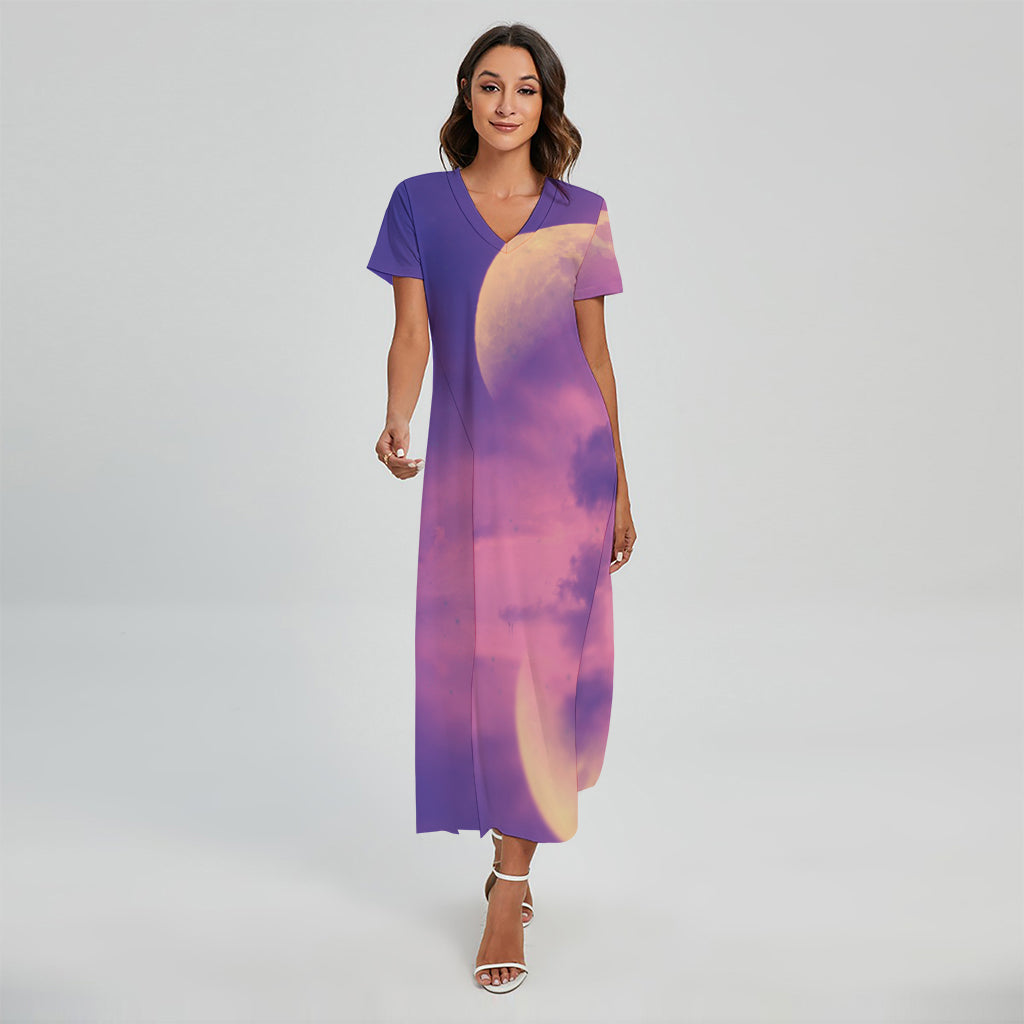 Purple Sky And Full Moon Print Short Sleeve Maxi Dress
