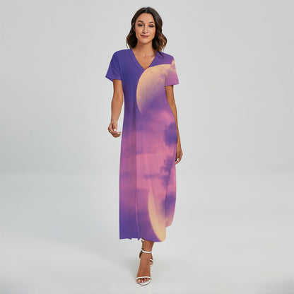 Purple Sky And Full Moon Print Short Sleeve Maxi Dress