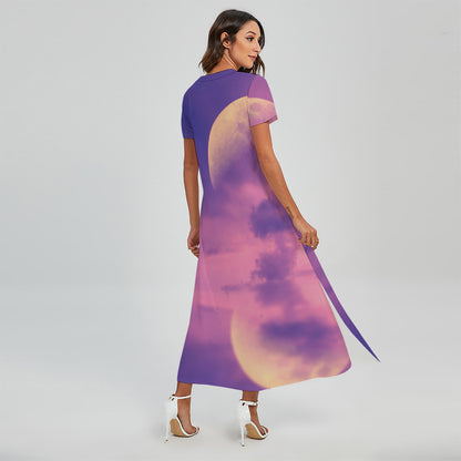 Purple Sky And Full Moon Print Short Sleeve Maxi Dress