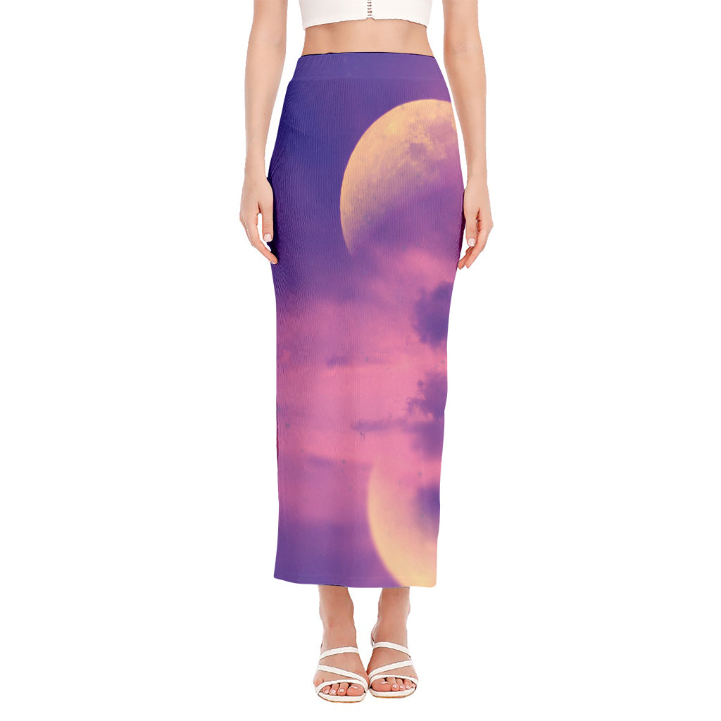 Purple Sky And Full Moon Print Side Slit Maxi Skirt