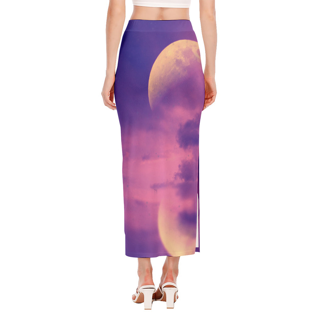 Purple Sky And Full Moon Print Side Slit Maxi Skirt