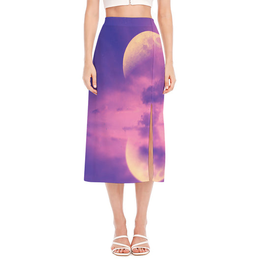 Purple Sky And Full Moon Print Side Slit Midi Skirt