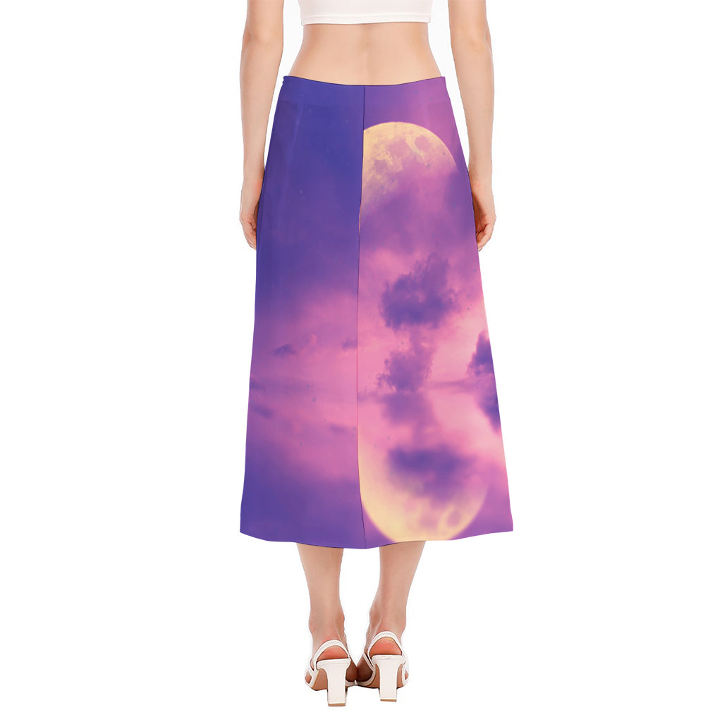 Purple Sky And Full Moon Print Side Slit Midi Skirt