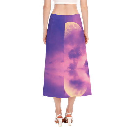 Purple Sky And Full Moon Print Side Slit Midi Skirt