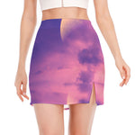 Purple Sky And Full Moon Print Side Slit Mini Skirt