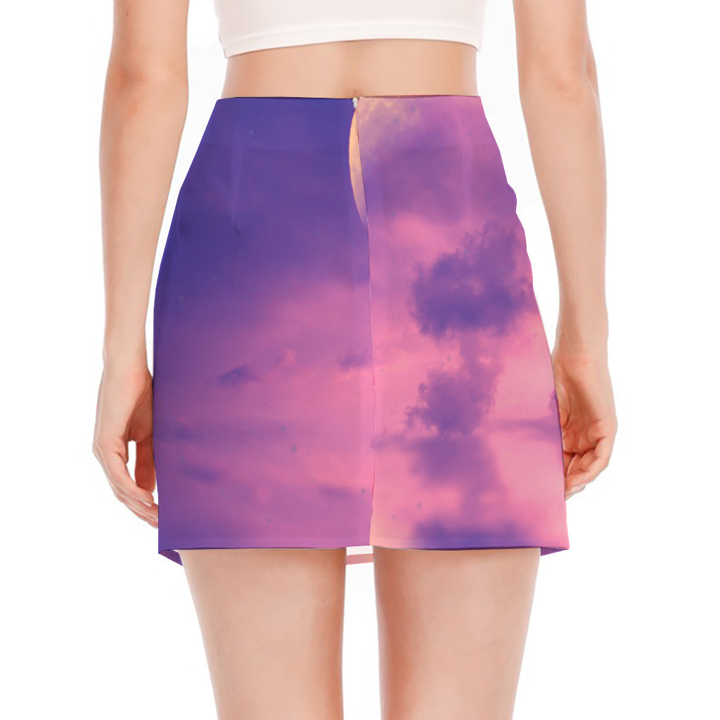 Purple Sky And Full Moon Print Side Slit Mini Skirt