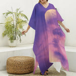 Purple Sky And Full Moon Print Silk V-Neck Kaftan Dress