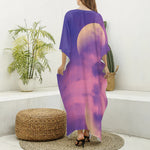 Purple Sky And Full Moon Print Silk V-Neck Kaftan Dress