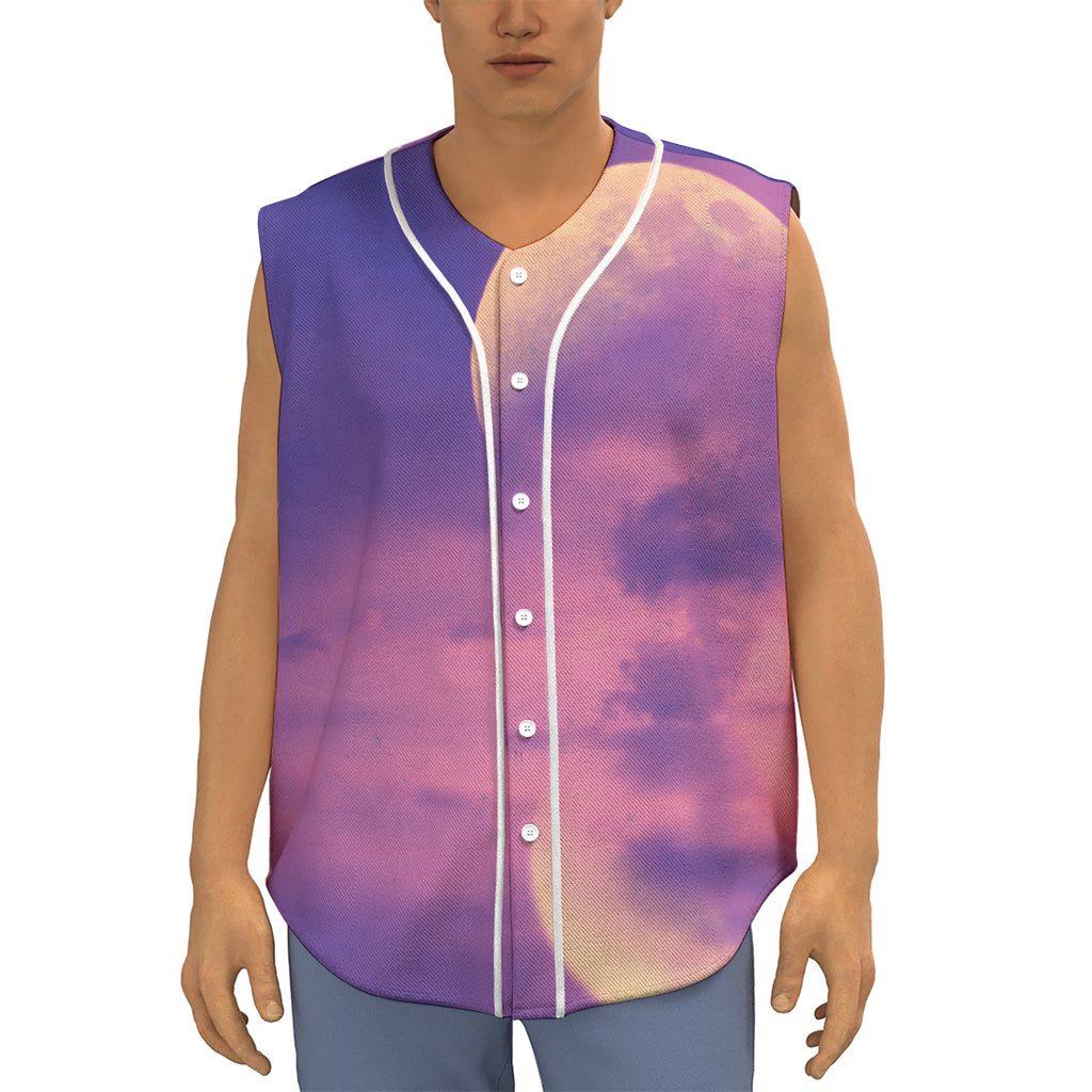 Purple Sky And Full Moon Print Sleeveless Baseball Jersey