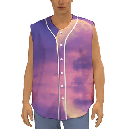 Purple Sky And Full Moon Print Sleeveless Baseball Jersey