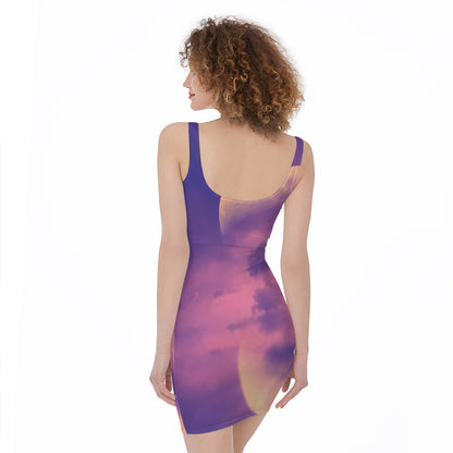 Purple Sky And Full Moon Print Sleeveless Bodycon Dress