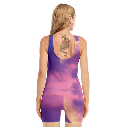 Purple Sky And Full Moon Print Sleeveless One Piece Swimsuit