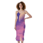 Purple Sky And Full Moon Print Slim Fit Midi Cami Dress