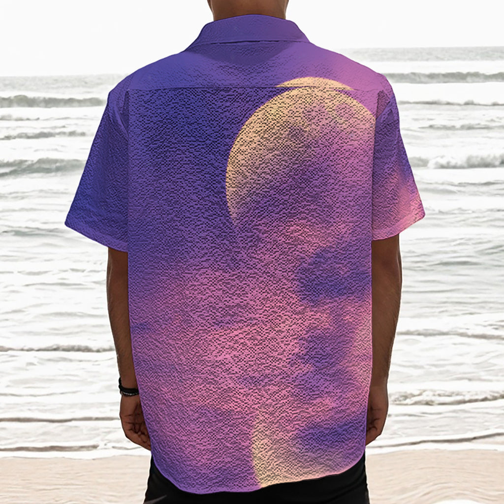 Purple Sky And Full Moon Print Textured Short Sleeve Shirt