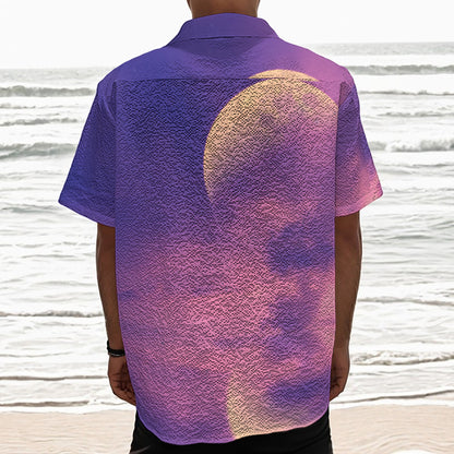 Purple Sky And Full Moon Print Textured Short Sleeve Shirt