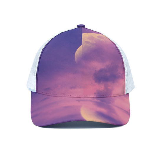 Purple Sky And Full Moon Print White Mesh Trucker Cap