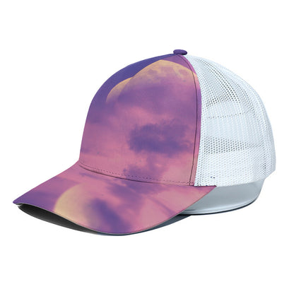 Purple Sky And Full Moon Print White Mesh Trucker Cap