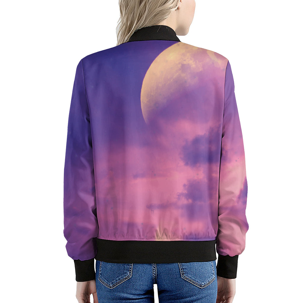 Purple Sky And Full Moon Print Women's Bomber Jacket