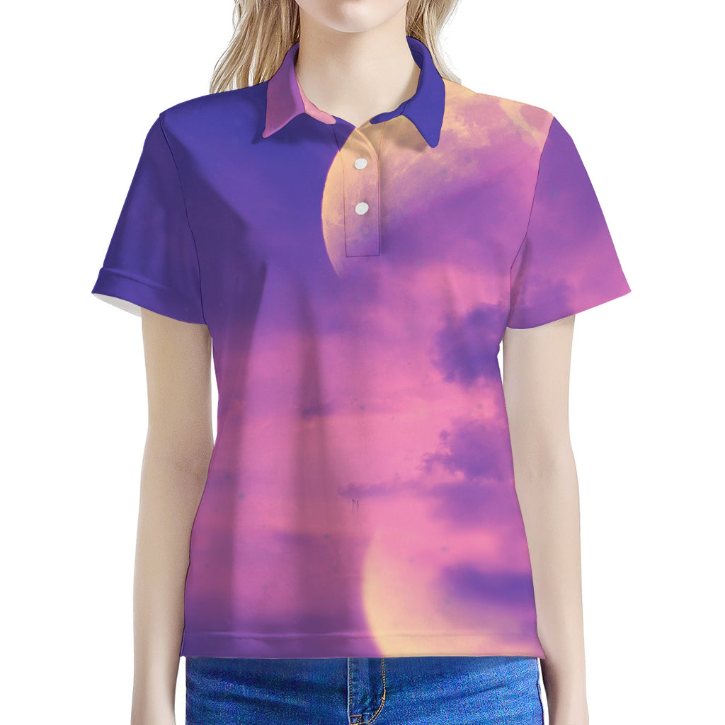 Purple Sky And Full Moon Print Women's Polo Shirt