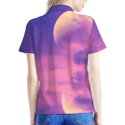 Purple Sky And Full Moon Print Women's Polo Shirt