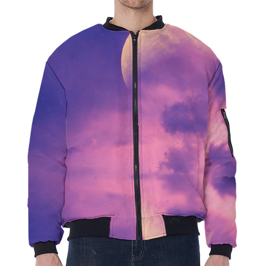 Purple Sky And Full Moon Print Zip Sleeve Bomber Jacket