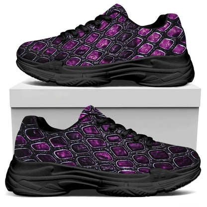 Purple Snakeskin Print Black Chunky Shoes