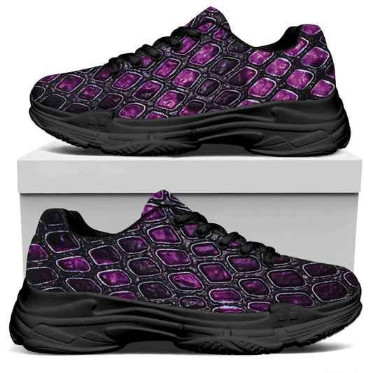 Purple Snakeskin Print Black Chunky Shoes