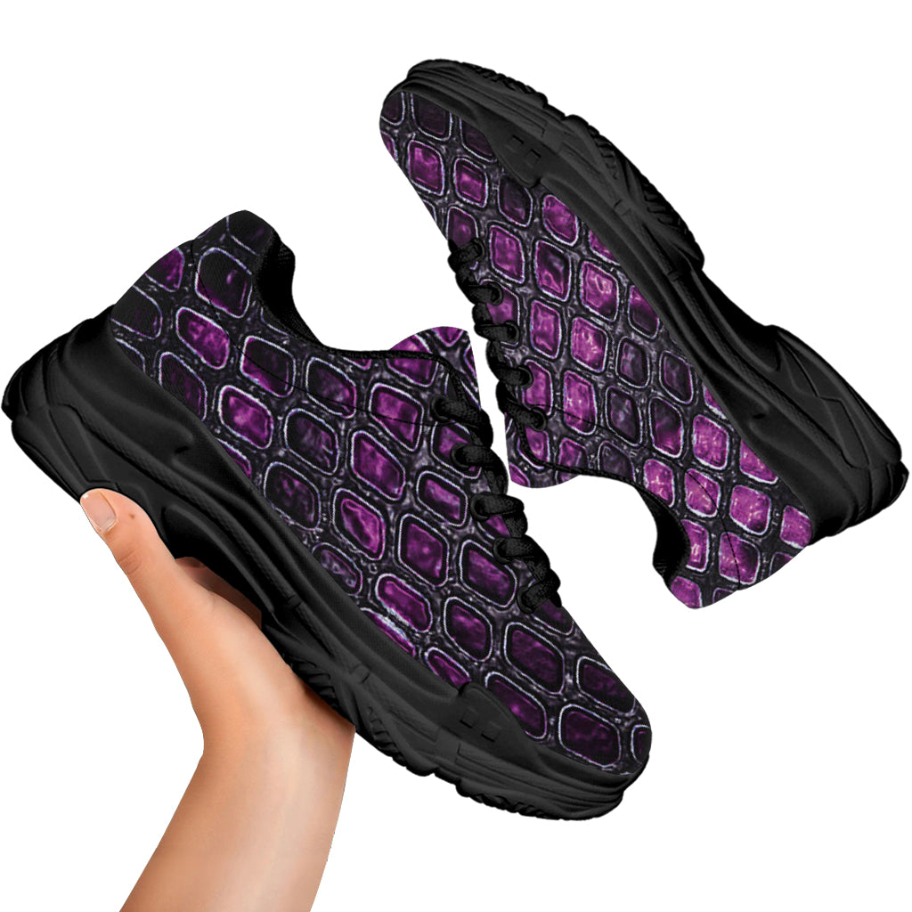 Purple Snakeskin Print Black Chunky Shoes