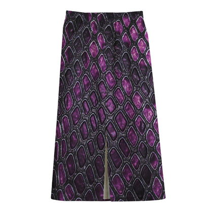 Purple Snakeskin Print Cotton Front Slit Maxi Skirt