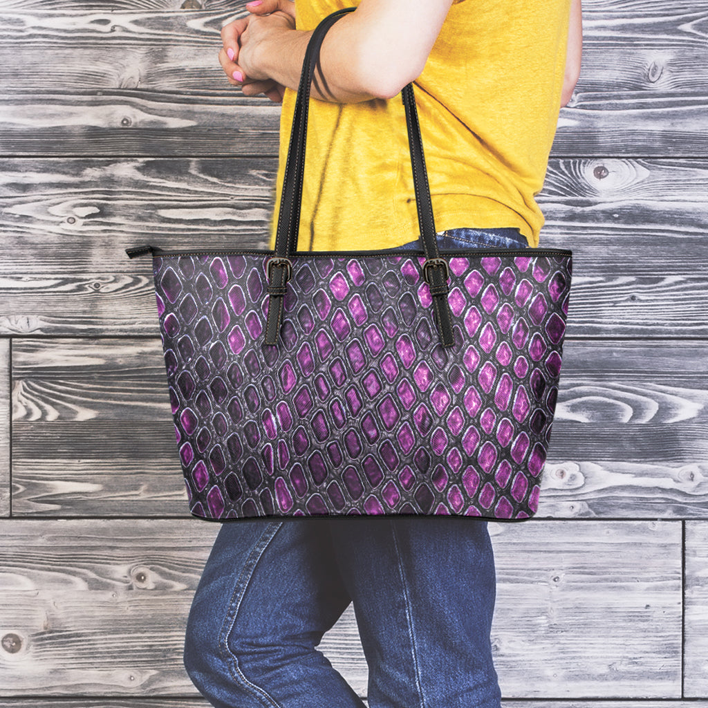 Purple Snakeskin Print Leather Tote Bag